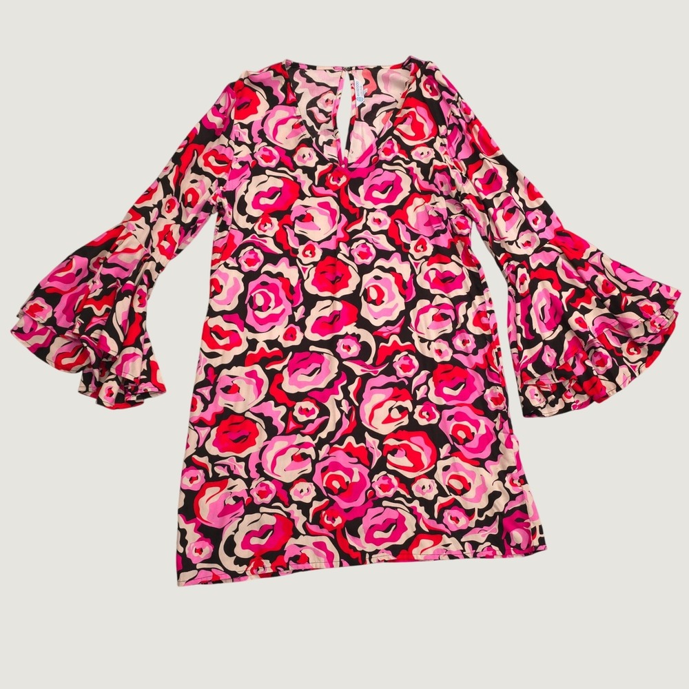 Escapada Living Womens Large Pink Red Floral Tiered Bell Sleeve Shift Midi Dress